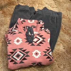 Cuddl Duds- Geometric Patterned Pink, Grey and Black Women's Lounge Set